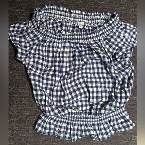 Rails blue and white checkered off the shoulder top